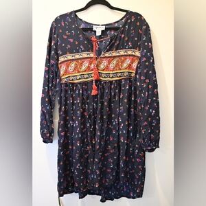 Vintage Boho Tunic Mini Dress - Navy Floral & Paisley Top - Size Large Lagenlook